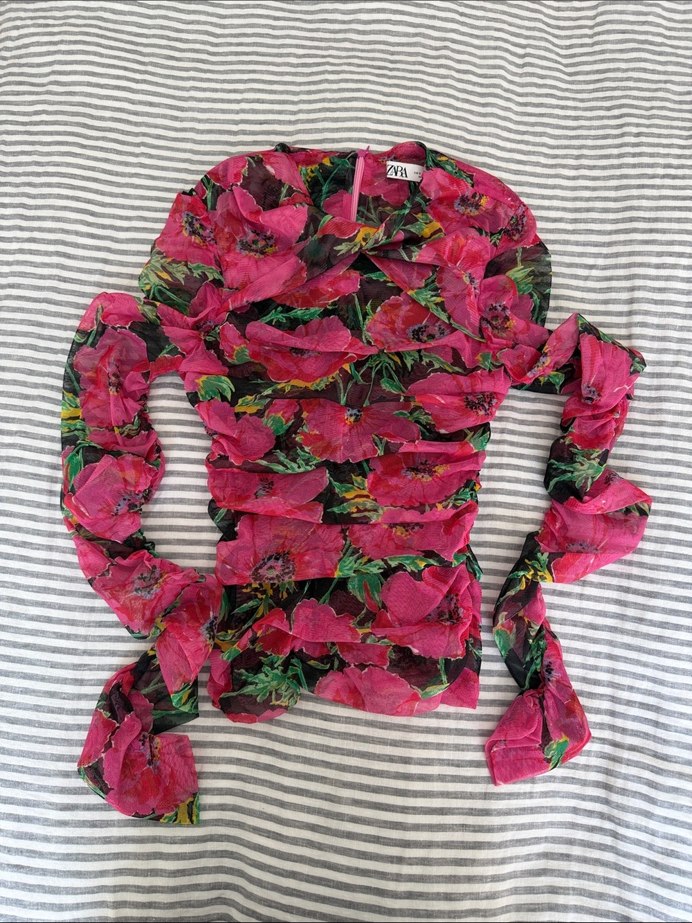 Zara Hot Pink Floral Sheer Ruched Long-Sleeve Top